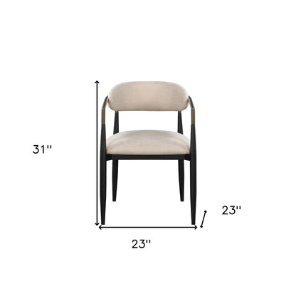 Set of Two Beige And Black Upholstered Fabric Open Back Dining Arm Chairs