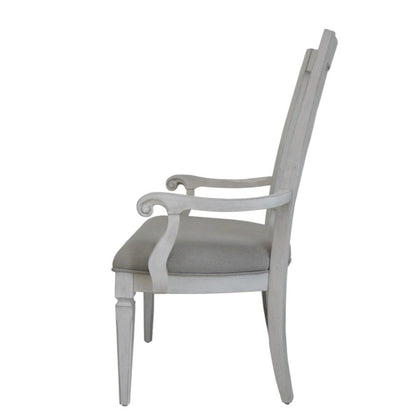 Set of Two Light Gray and White Upholstered Linen And Solid Wood Open Back Dining Arm Chairs