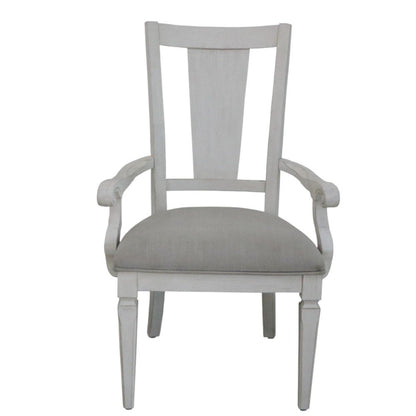 Set of Two Light Gray and White Upholstered Linen And Solid Wood Open Back Dining Arm Chairs