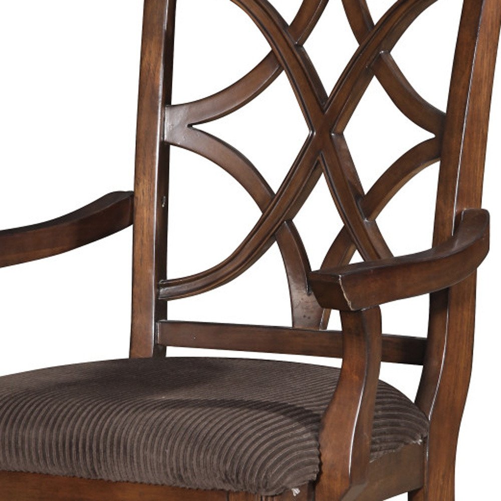 Set of Two Brown Upholstered Microfiber And Solid Wood Open Back Dining Arm Chairs