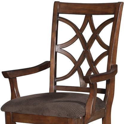 Set of Two Brown Upholstered Microfiber And Solid Wood Open Back Dining Arm Chairs