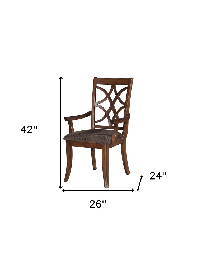 Set of Two Brown Upholstered Microfiber And Solid Wood Open Back Dining Arm Chairs