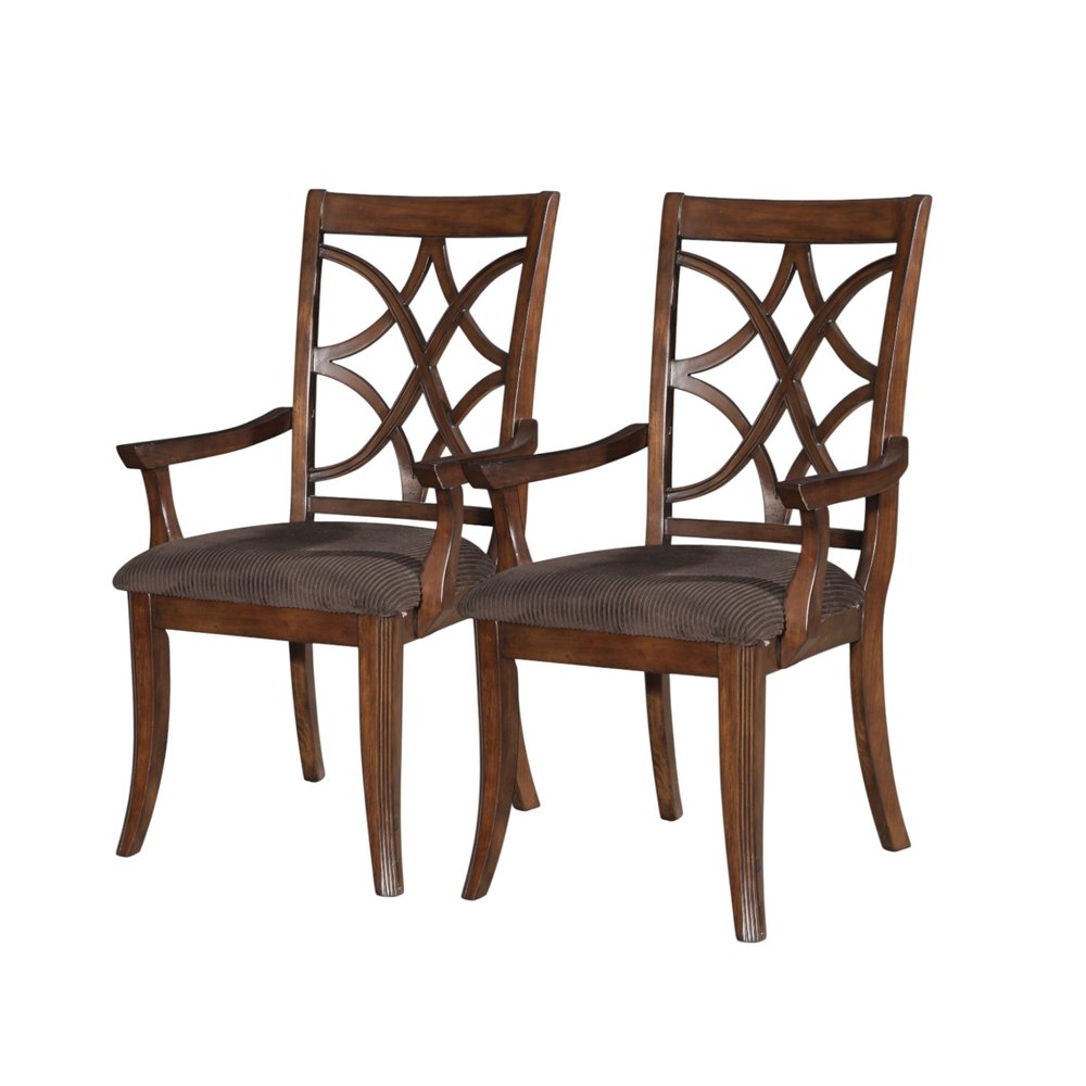 Set of Two Brown Upholstered Microfiber And Solid Wood Open Back Dining Arm Chairs