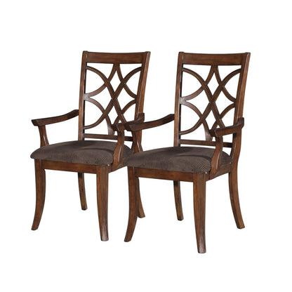 Set of Two Brown Upholstered Microfiber And Solid Wood Open Back Dining Arm Chairs