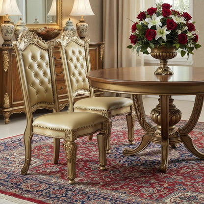 Set of Two Tufted Bone and Brass Upholstered Faux Leather And Wood Dining Side Chairs