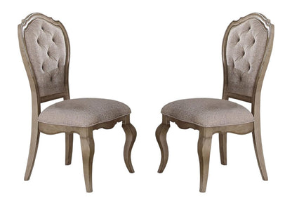Set of Two Tufted Beige and Taupe Upholstered Fabric And Solid Wood Dining Side Chairs