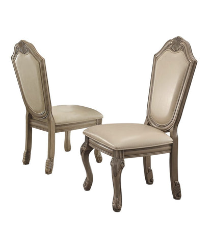 Set of Two Antiqued White Upholstered Faux Leather Dining Side Chairs