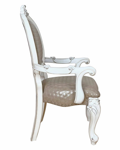 Set of Two Gray and White Upholstered Faux Leather And Solid Wood King Louis Back Dining Arm Chairs
