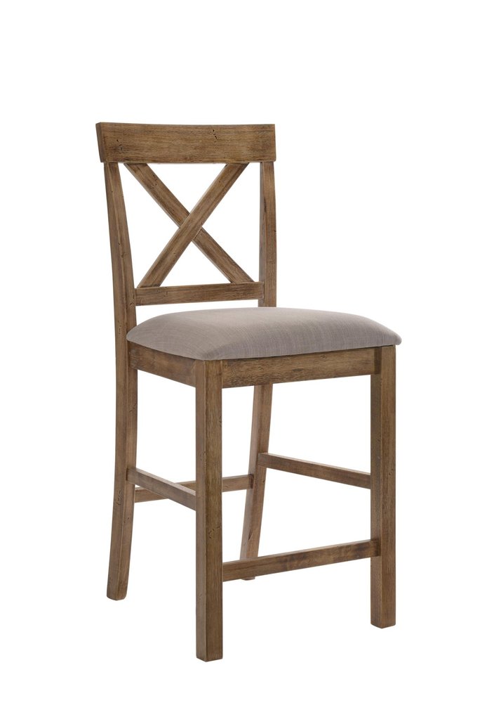 Set of Two 26" Tan And Oak Linen And Solid Wood Counter Height Bar Chairs