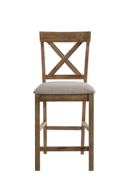 Set of Two 26" Tan And Oak Linen And Solid Wood Counter Height Bar Chairs