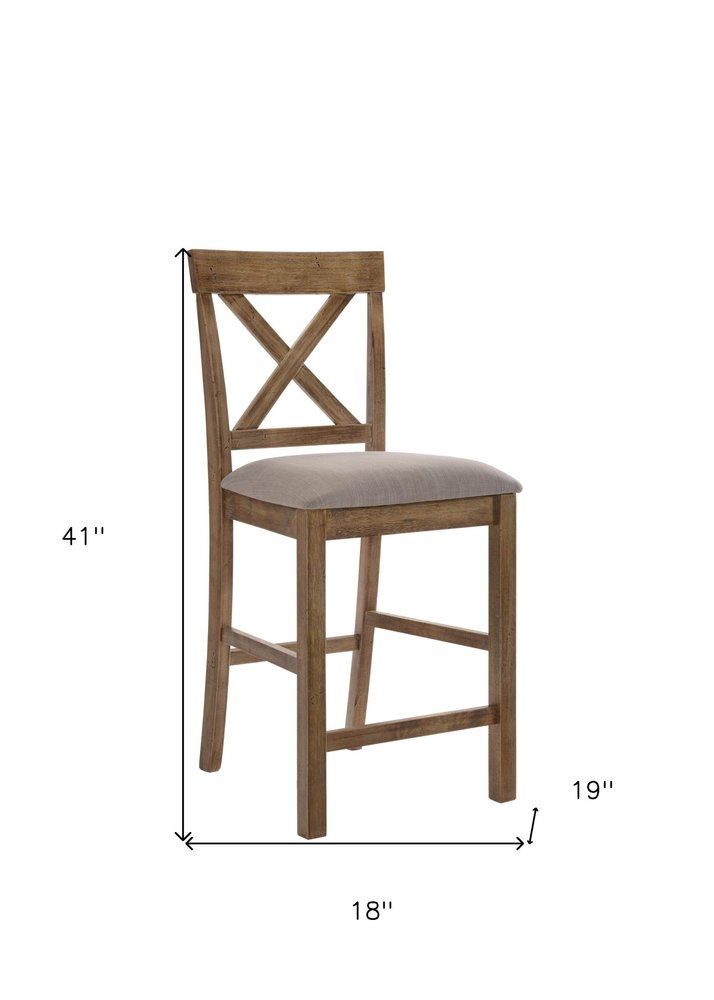 Set of Two 26" Tan And Oak Linen And Solid Wood Counter Height Bar Chairs