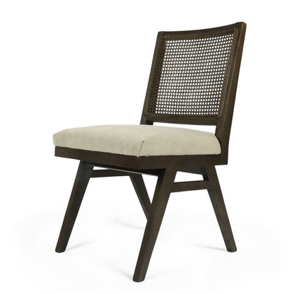 Set of Two Dark Brown And Gray Wood Cane And Upholstery Dining Side Chairs