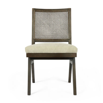 Set of Two Dark Brown And Gray Wood Cane And Upholstery Dining Side Chairs