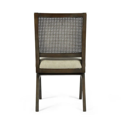 Set of Two Dark Brown And Gray Wood Cane And Upholstery Dining Side Chairs