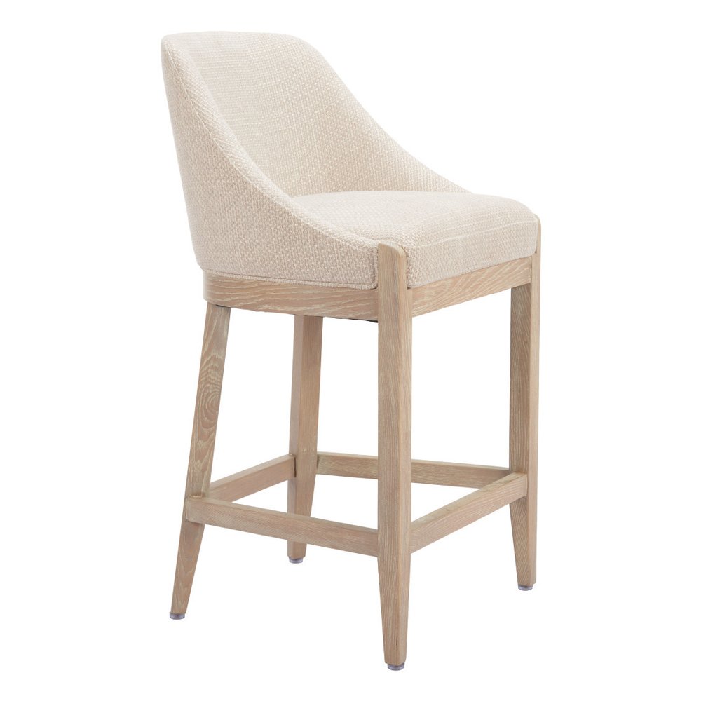 27" Beige And Natural Fabric And Solid Wood Counter Height Bar Chair