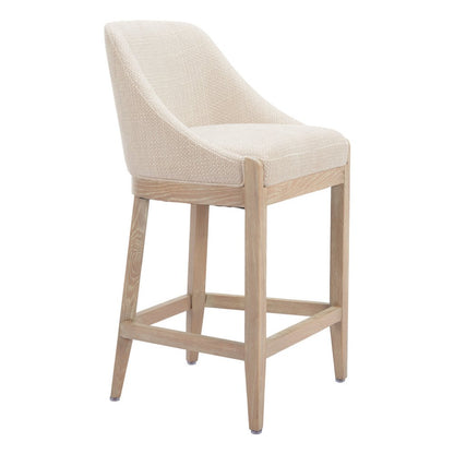 27" Beige And Natural Fabric And Solid Wood Counter Height Bar Chair