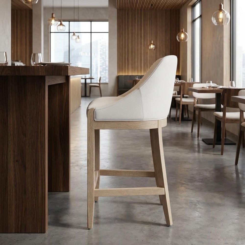 27" Beige And Natural Fabric And Solid Wood Counter Height Bar Chair
