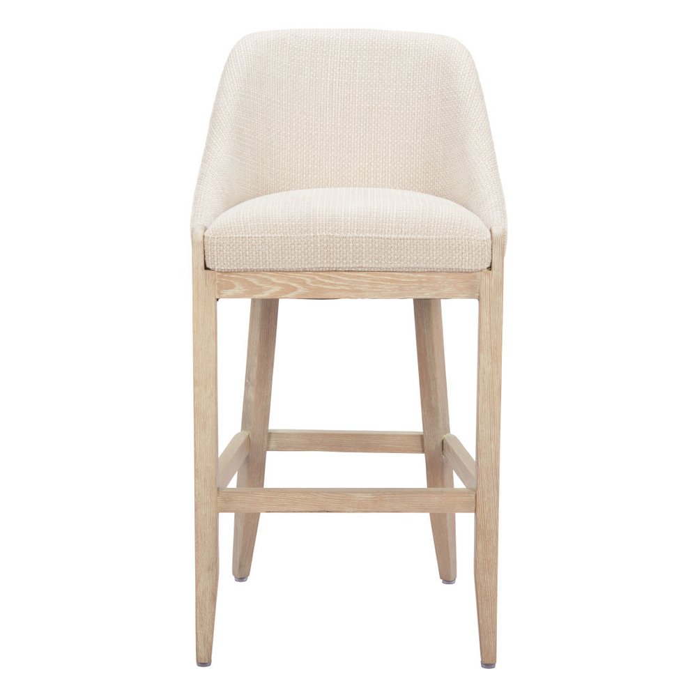 31" Beige And Natural Fabric And Solid Wood Bar Height Bar Chair