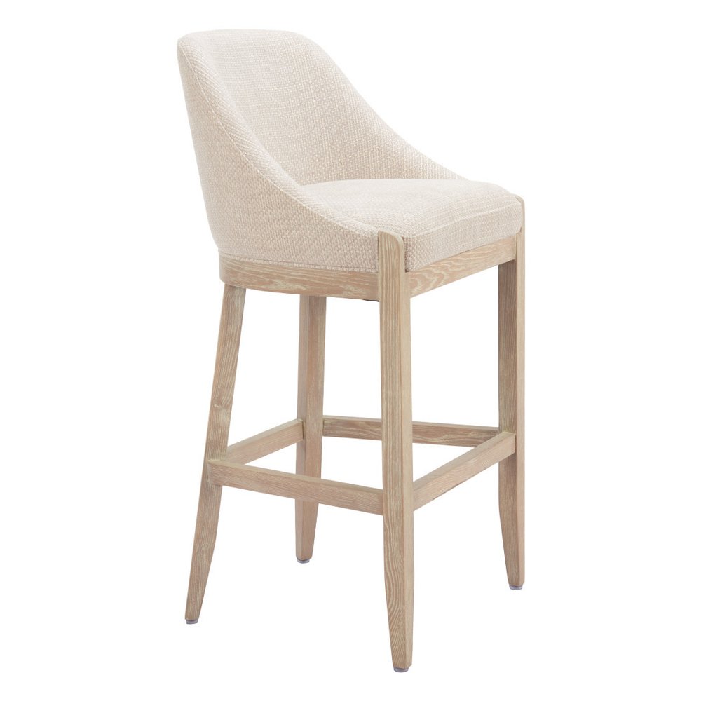 31" Beige And Natural Fabric And Solid Wood Bar Height Bar Chair