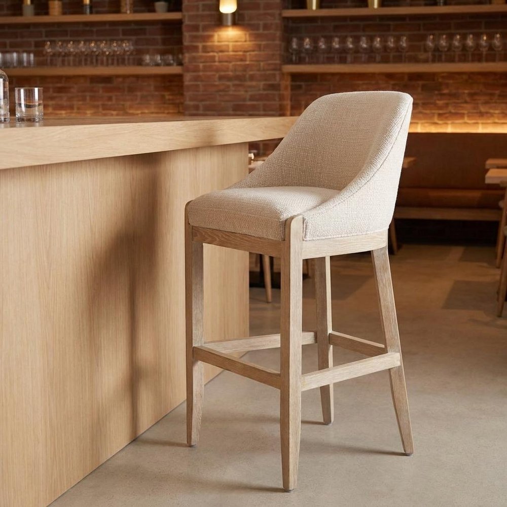 31" Beige And Natural Fabric And Solid Wood Bar Height Bar Chair