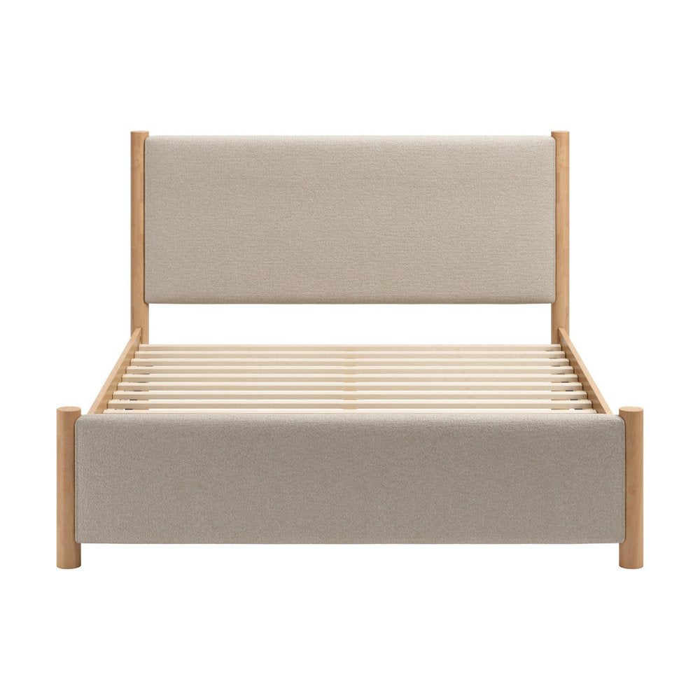 Beige Wood And Upholstery Queen Bed Frame
