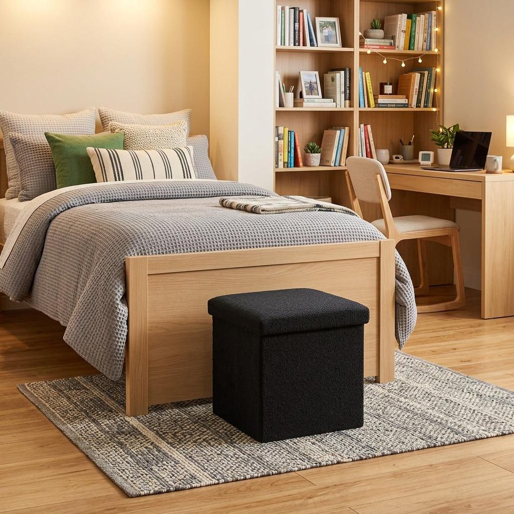 30" Black Boucle Ottoman With Storage