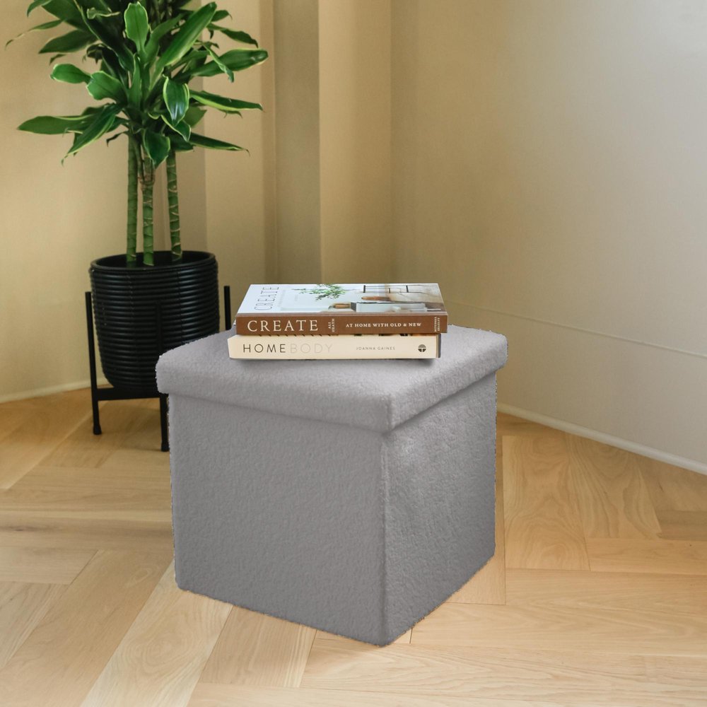 12" Gray Boucle Cube Ottoman With Storage