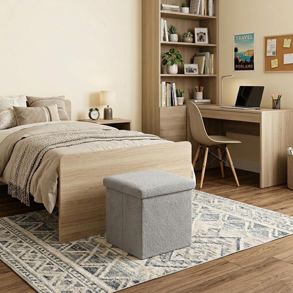 12" Gray Boucle Cube Ottoman With Storage