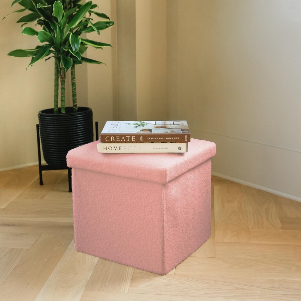 30" Pink Boucle Ottoman With Storage