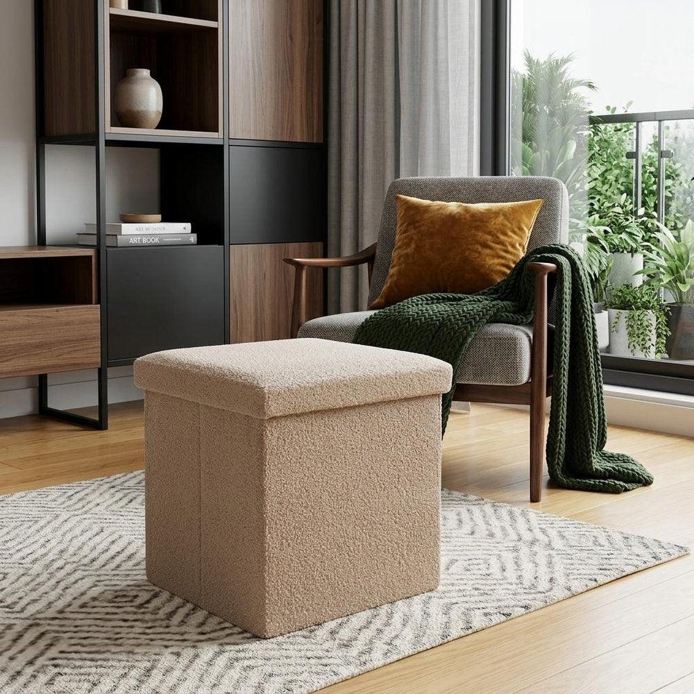 30" Taupe Boucle Ottoman With Storage