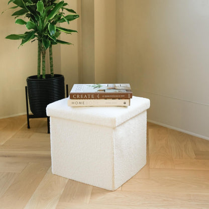 30" White Boucle Ottoman With Storage
