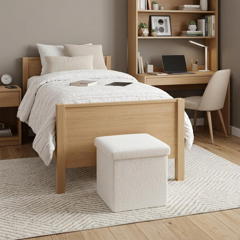 30" White Boucle Ottoman With Storage