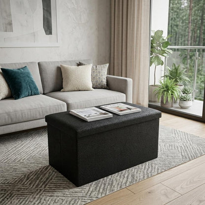 30" Black Boucle Ottoman With Storage