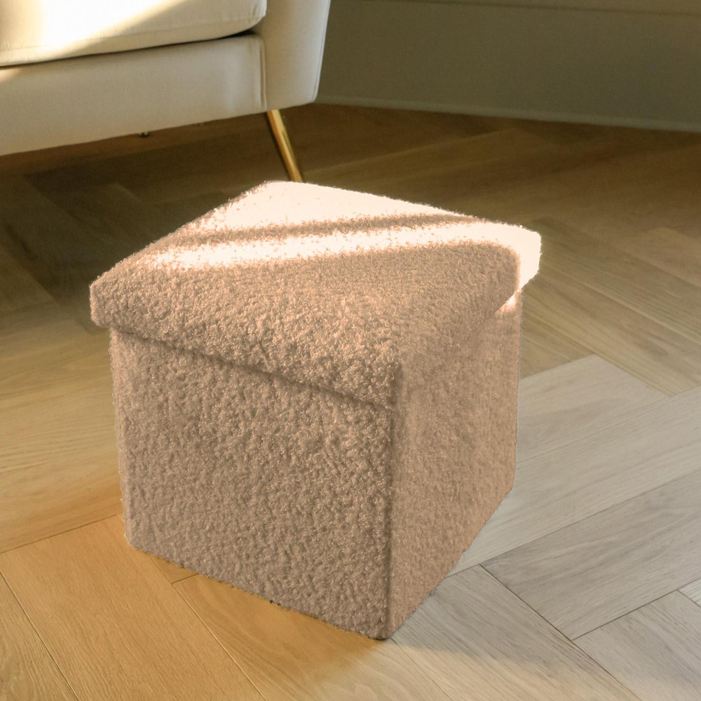 12" Taupe Boucle Cube Ottoman With Storage