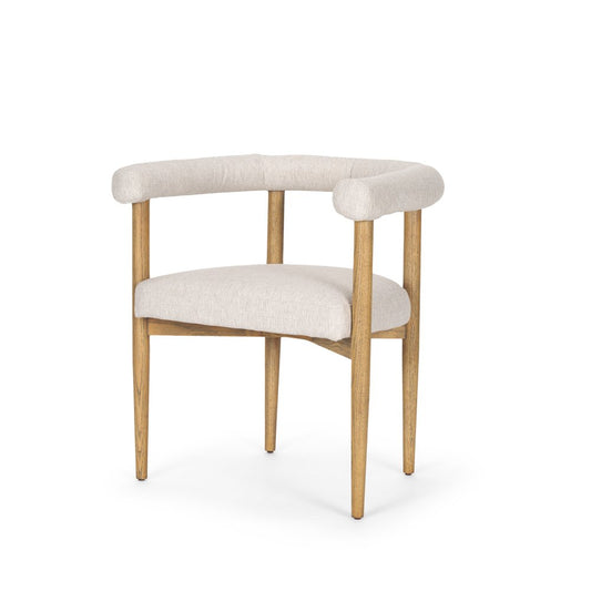Beige and Brown Upholstered Cushion And Solid Wood Open Back Dining Arm Chair
