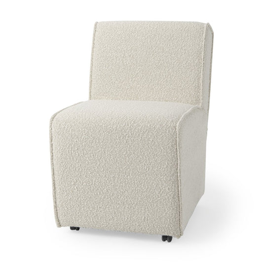 Set of Two Cream Boucle Swivel Dining Side Chairs With Wheels