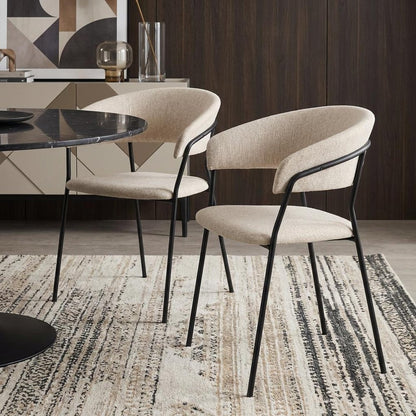 Set of Two Beige and Black Fabric Open Back Dining Arm Chairs