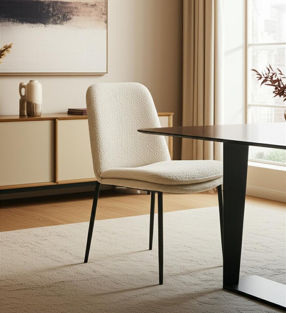 Set of Two Cream and Black Boucle Dining Side Chairs