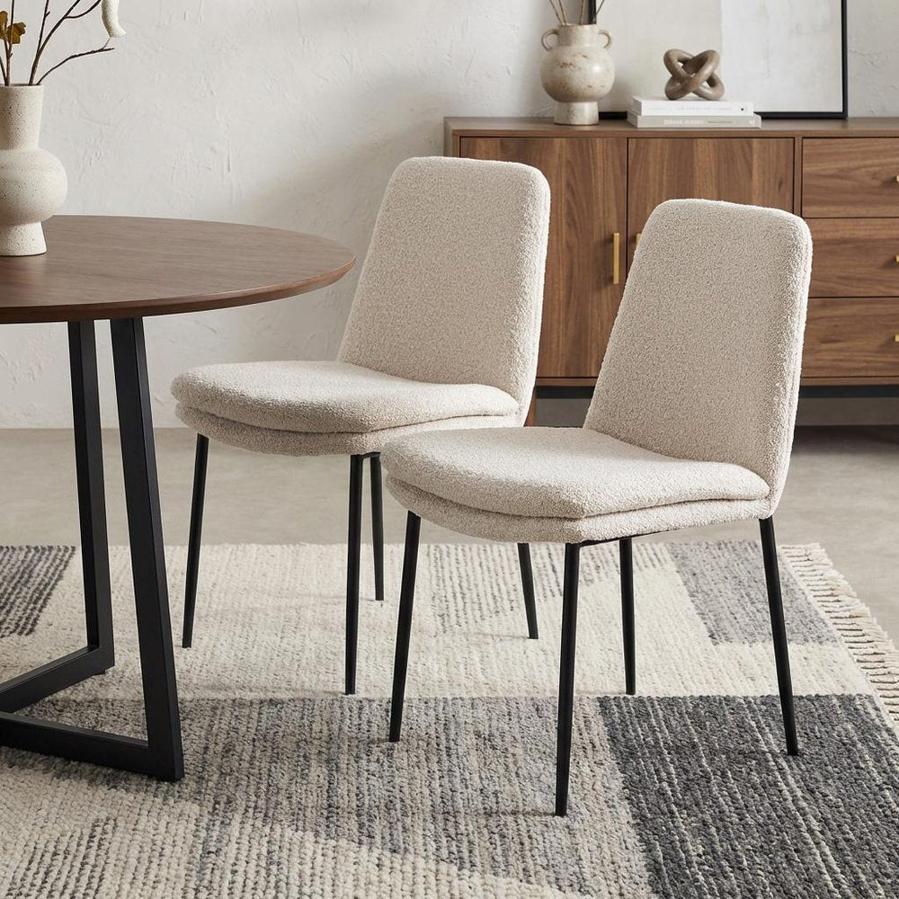 Set of Two Cream and Black Boucle Dining Side Chairs