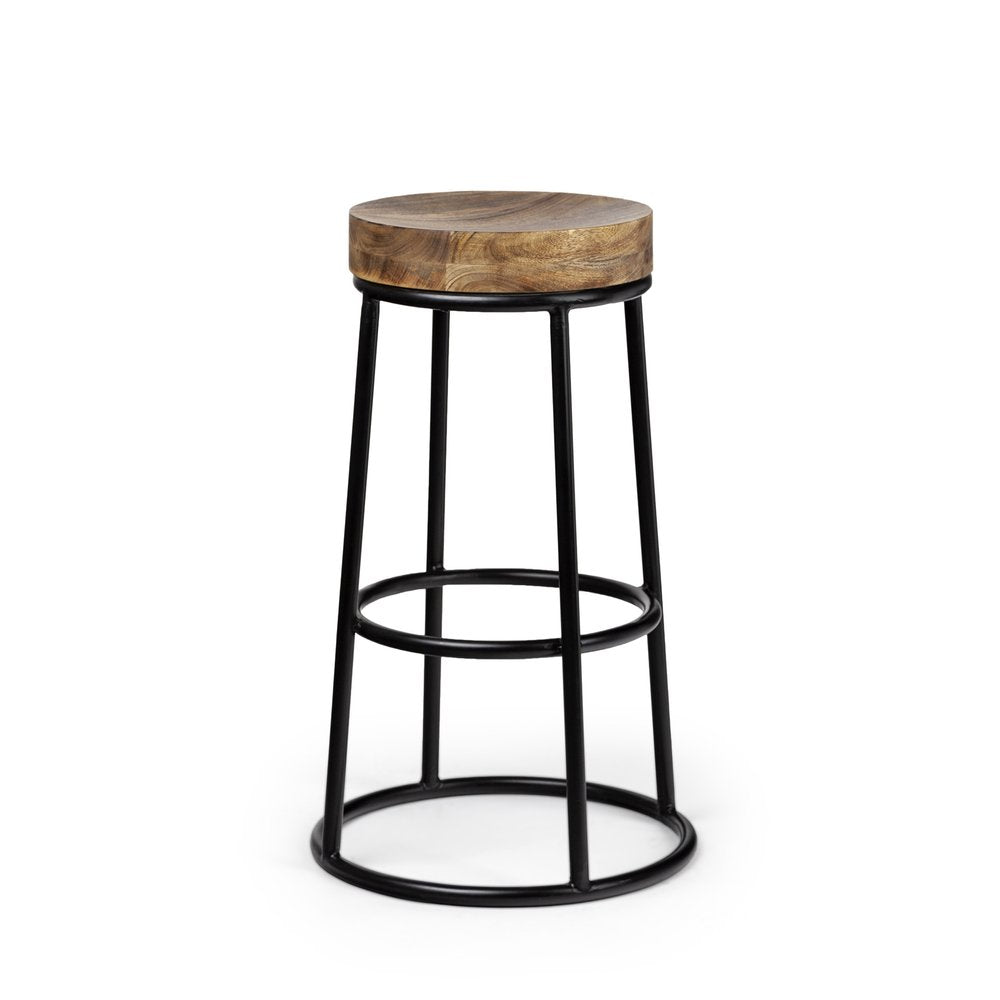 26" Natural And Black Solid Wood And Iron Backless Counter Height Bar Chair