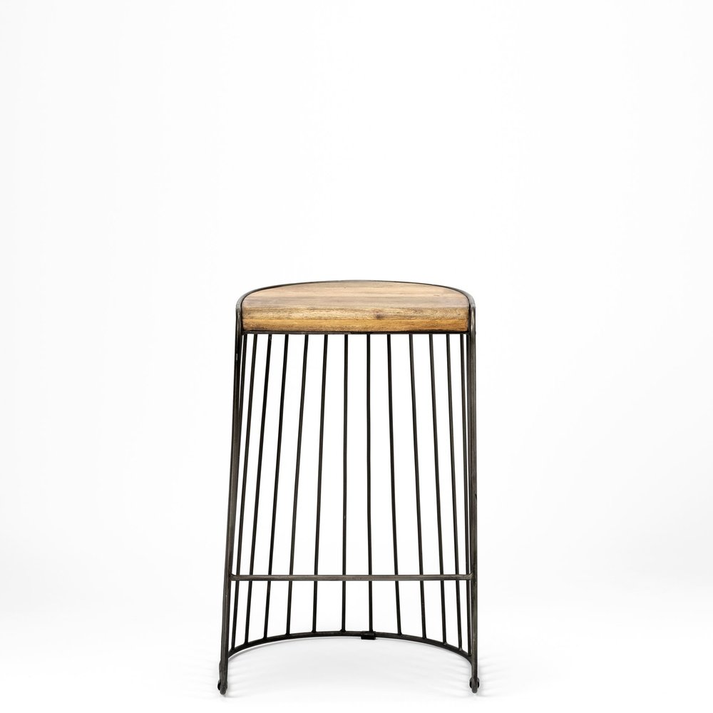 26" Natural And Black Solid Wood And Iron Backless Counter Height Bar Chair