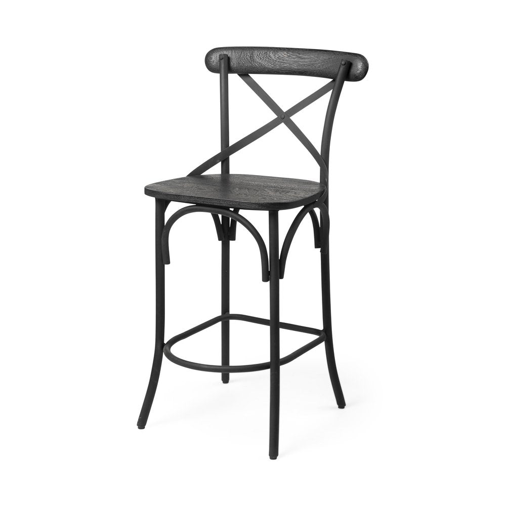 26" Black Solid Wood And Iron Counter Height Bar Chair