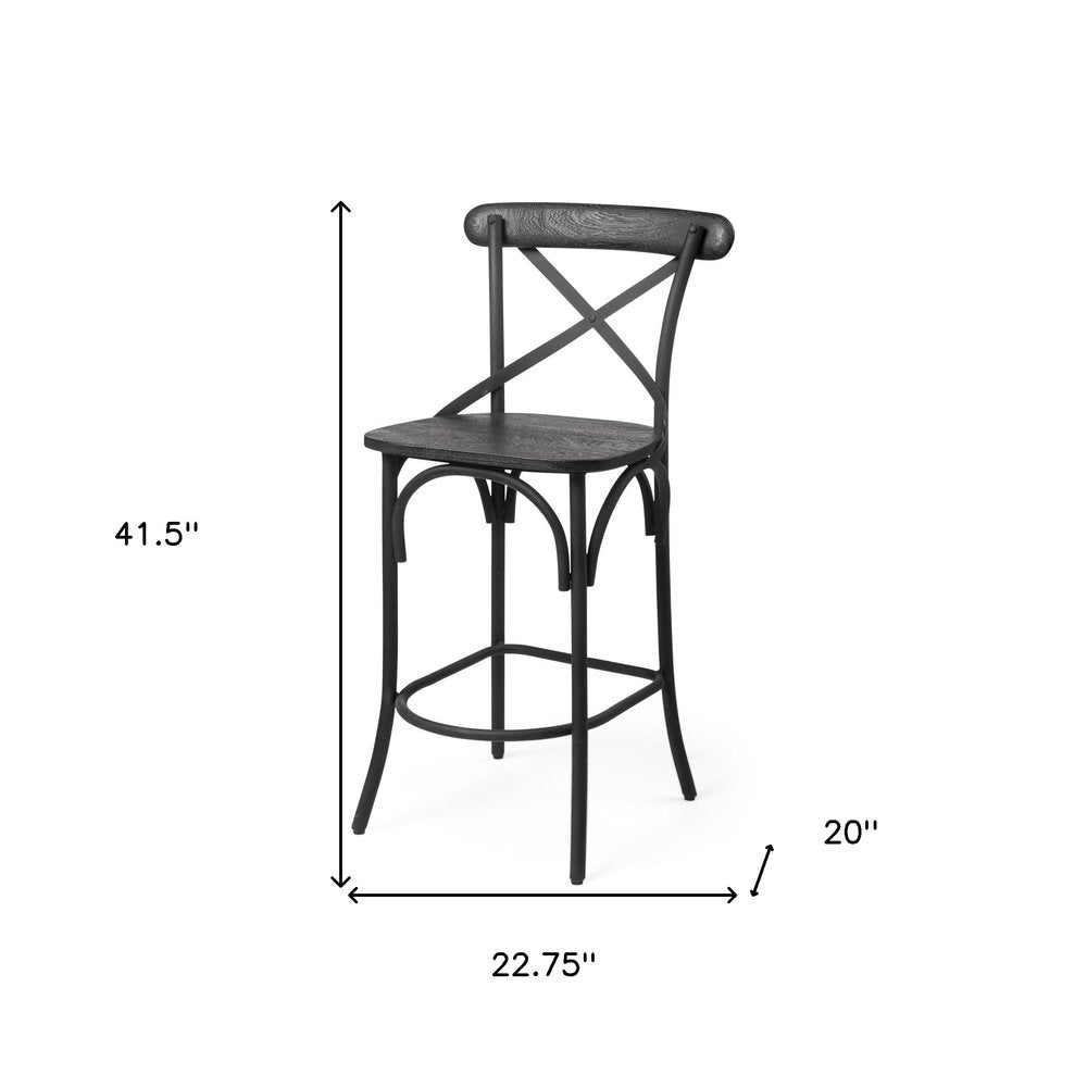 26" Black Solid Wood And Iron Counter Height Bar Chair