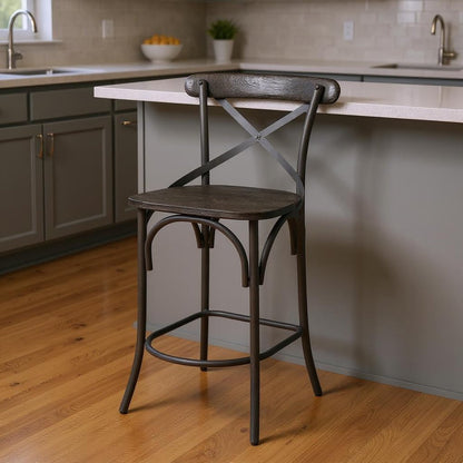 26" Black Solid Wood And Iron Counter Height Bar Chair