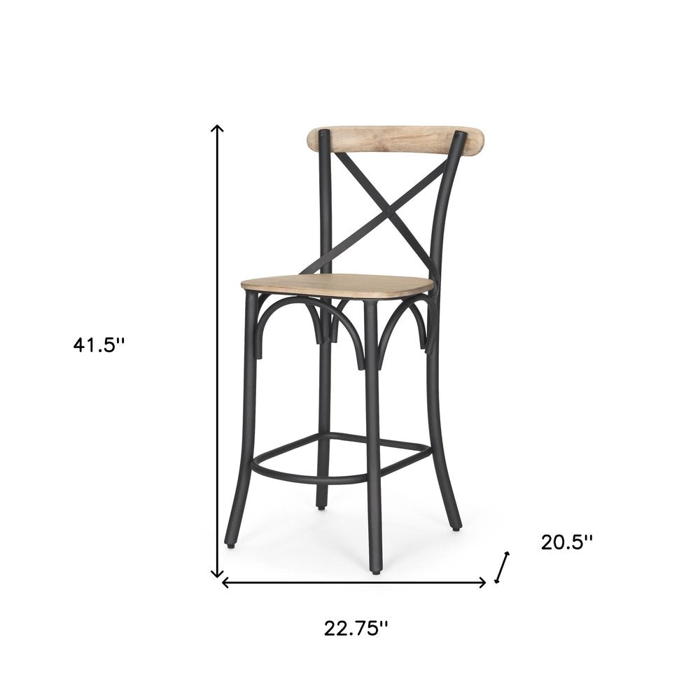 26" Natural And Gray Solid Wood And Iron Counter Height Bar Chair