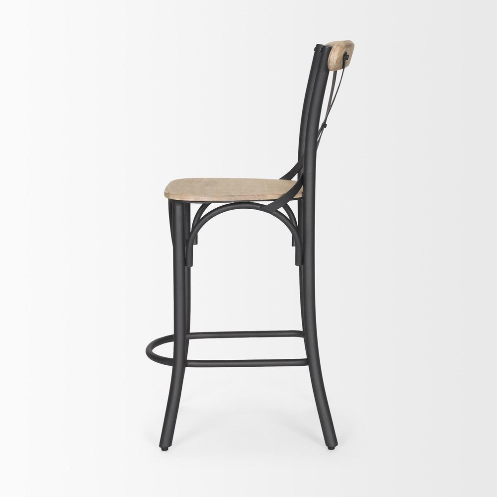26" Natural And Gray Solid Wood And Iron Counter Height Bar Chair