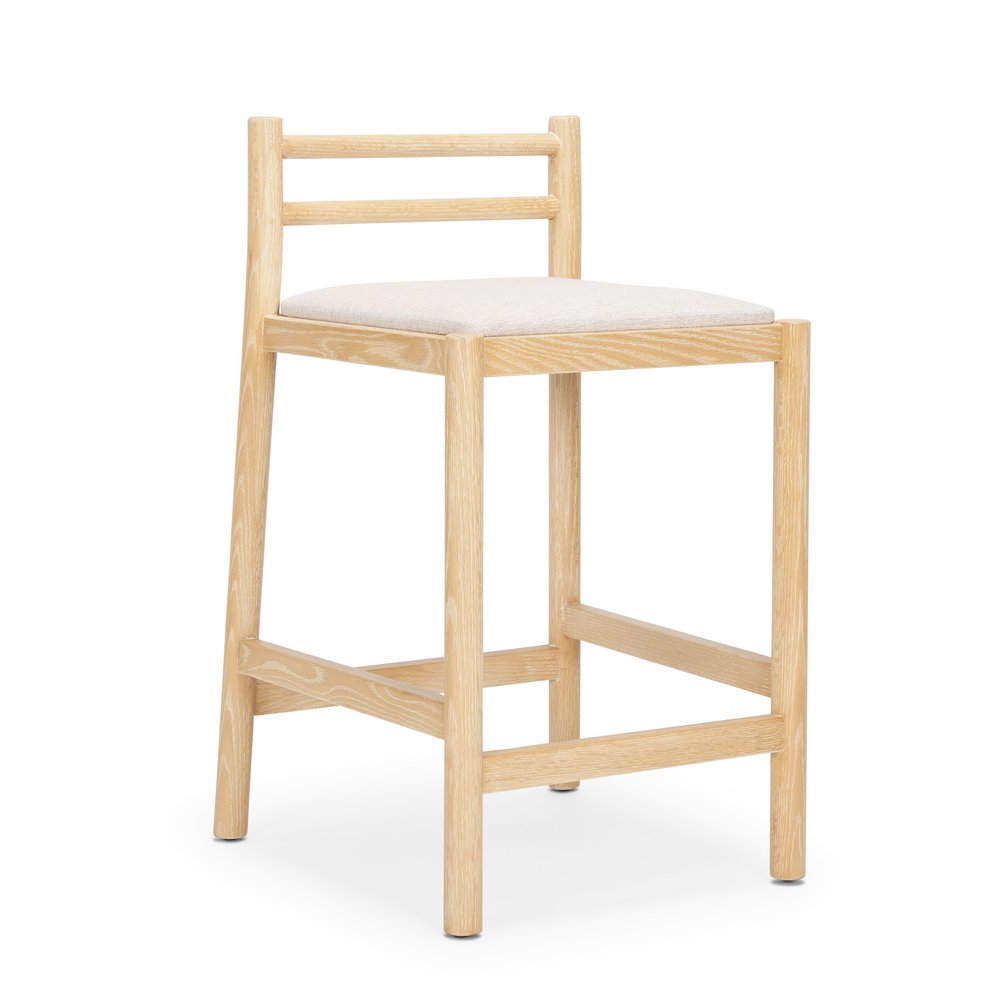 26" Beige And Natural Fabric And Solid Wood Low Back Counter Height Bar Chair