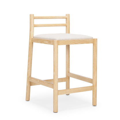 26" Beige And Natural Fabric And Solid Wood Low Back Counter Height Bar Chair