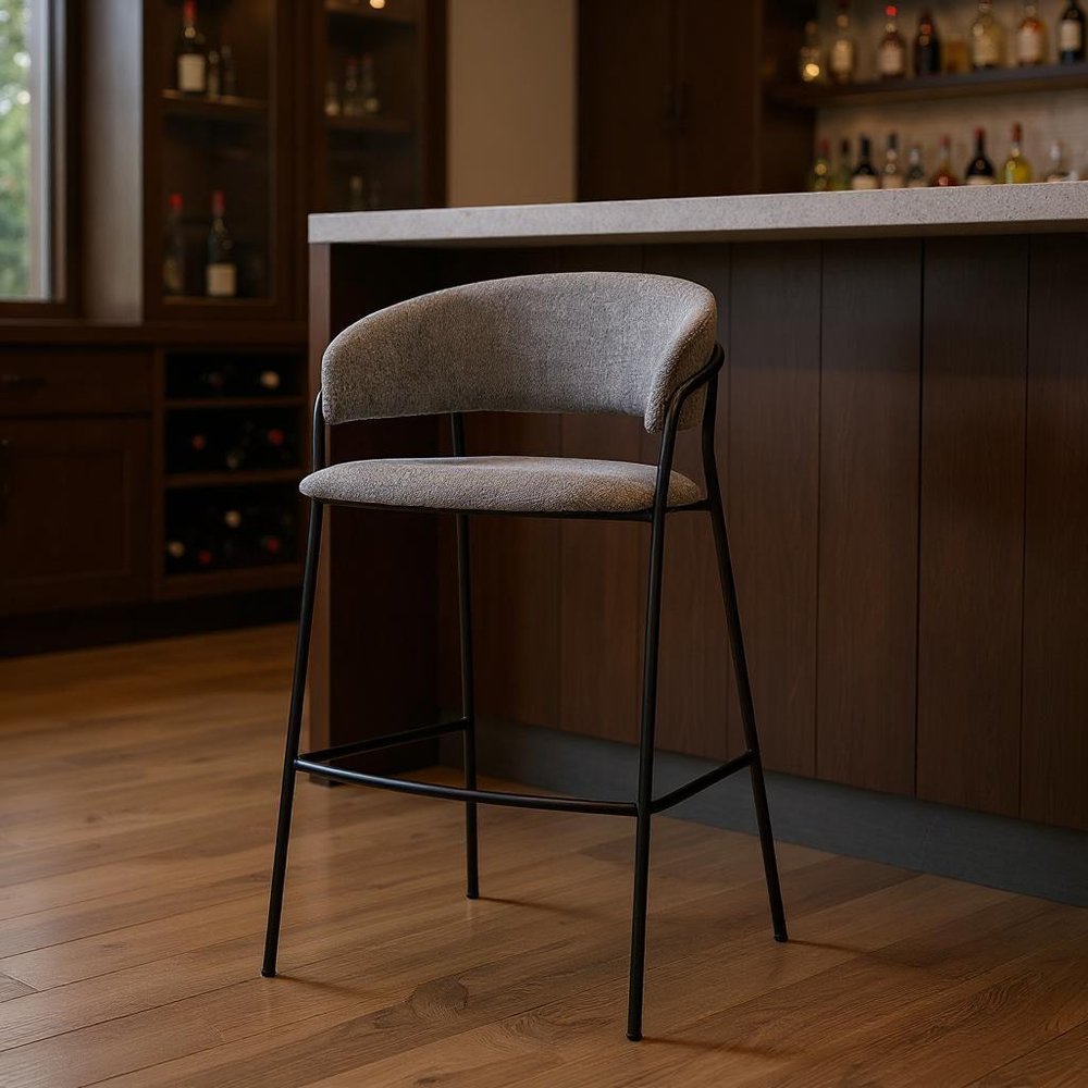 30" Gray And Black Fabric And Metal Bar Height Bar Chair