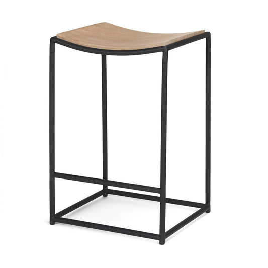 26" Natural And Black Solid Wood And Iron Backless Counter Height Bar Chair